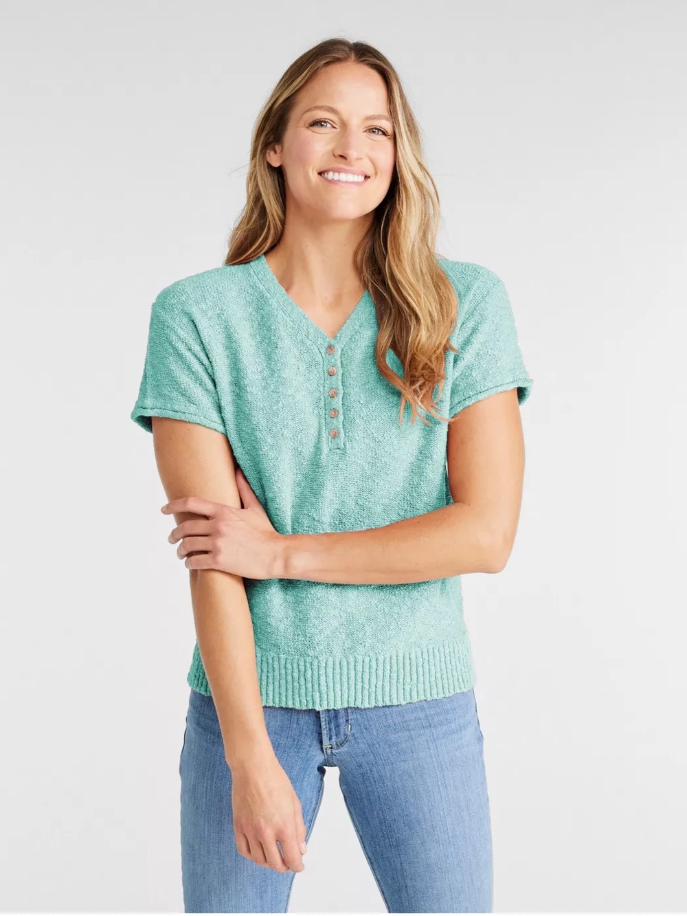 L.L. Bean Midweight 100% Cotton Slub Knit Short Sleeve Henley Sweater Size Large